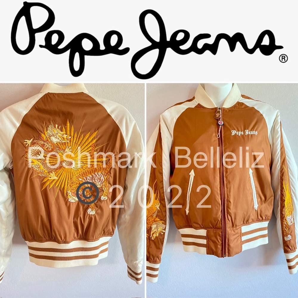 ‘90s Vintage Pepe Jeans Tiger Dragon Embroidered Bomber Jacket Copper Golden Tan